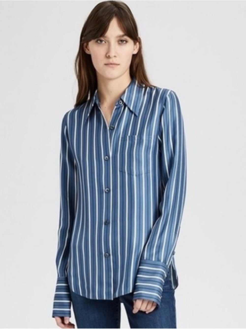 Theory 100% Silk Blue Stripe Button Down Blouse Size Small Luxury Work Shirt
